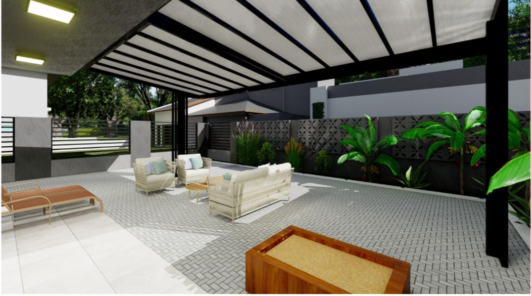Área externa projetada com cobertura retrátil e integração arquitetônica