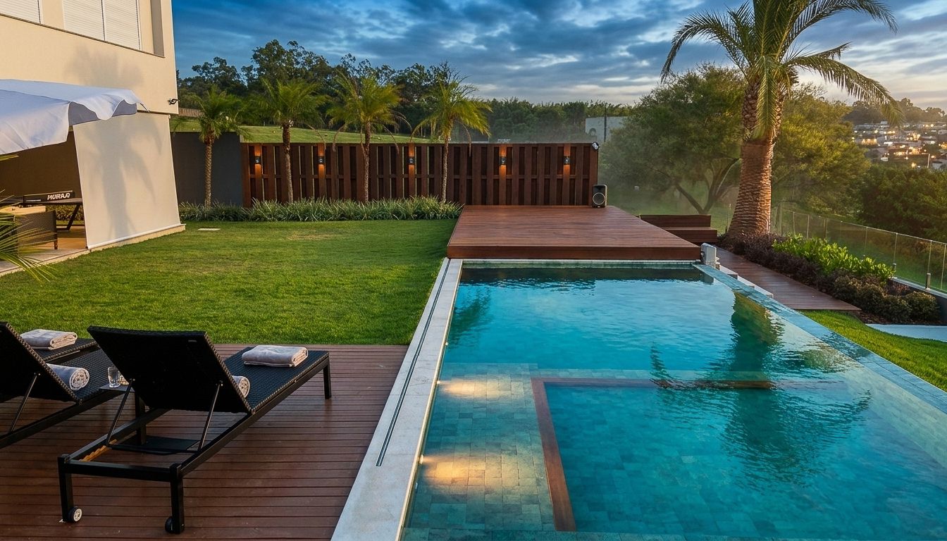Deck retrátil Ville DC em área externa com piscina